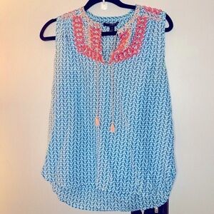 J. Crew Blue and Coral Patterned Blouse